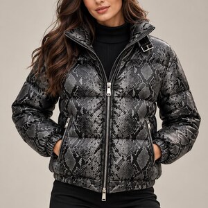 Women's Black Snakeskin Print Puffer Jacket, Quilted Zip Coat, Stand Collar