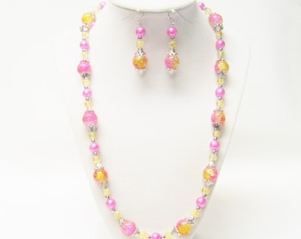 Pink & Yellow Crackle Glass Beaded Necklace/Earrings