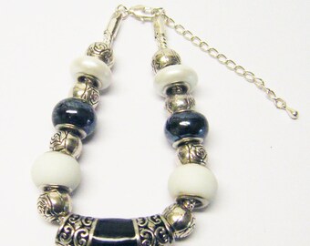 Silver Plated Spacer w/Black/White Big Hole Beaded Bracelet