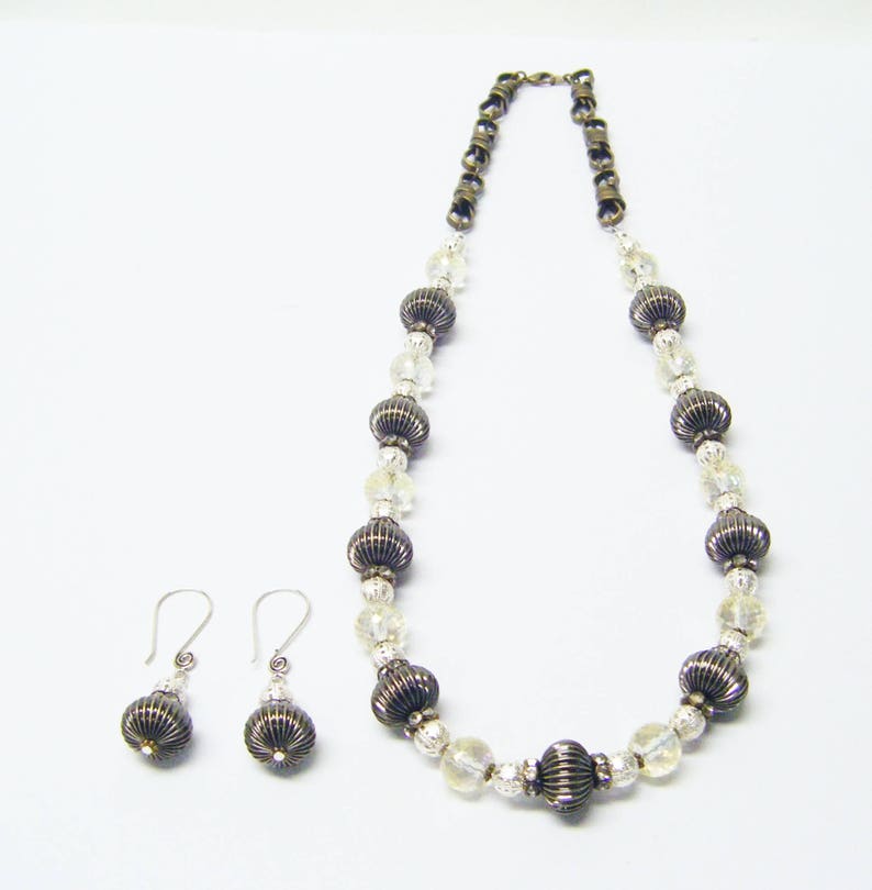 Bronze Corrugated wLarge Glass Faceted Rondelle Bead NecklaceEarrings