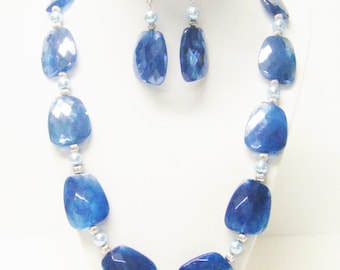 Chunky Blue Geometric Rectangle Acrylic Faceted Bead Necklace & Earrings Set