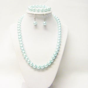 10mm Aqua Glass Pearl Necklace/Bracelet/Earrings Set