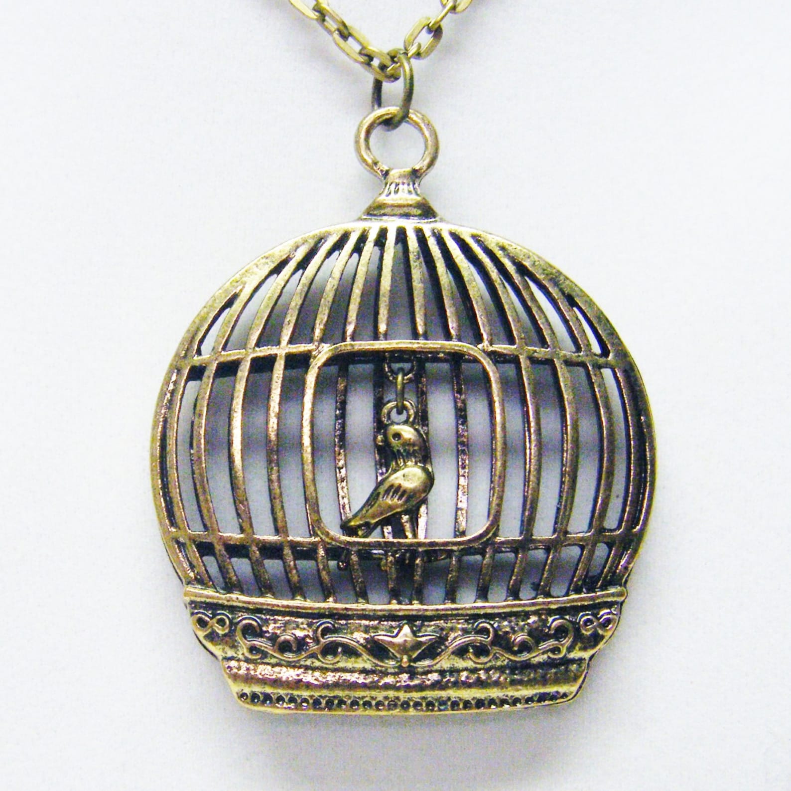 Antique Gold Plated Bird Cage W/bird Pendant Necklace Etsy