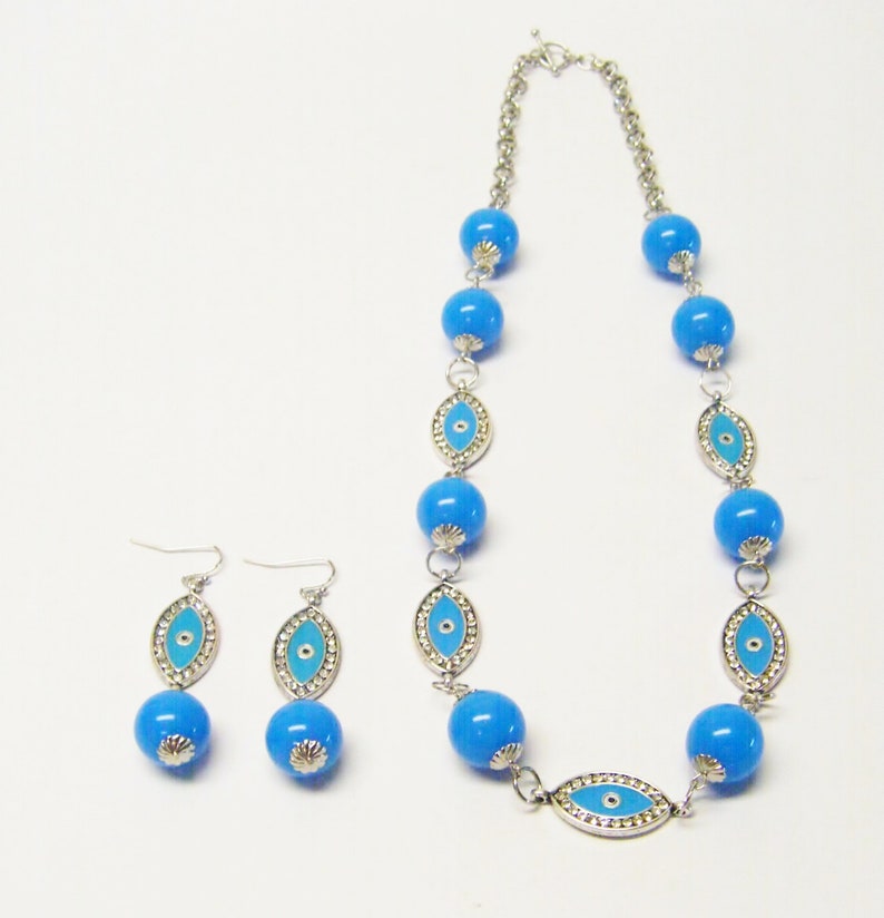 Blue Evil Eye wRhinestone /& Round Blue Acrylic Bead NecklaceEarrings