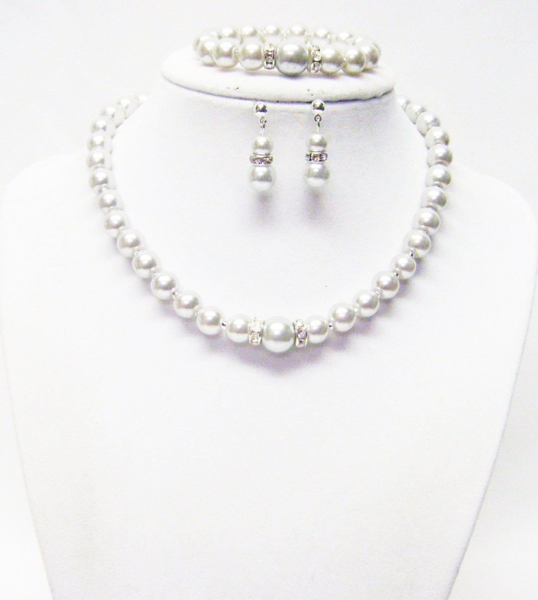 14” Light Silver Glass Pearl Necklace/bracelet/earrings Set