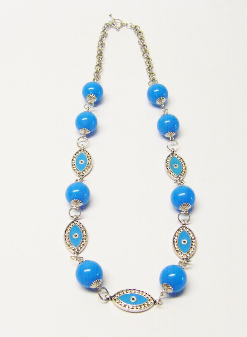 Blue Evil Eye wRhinestone /& Round Blue Acrylic Bead NecklaceEarrings