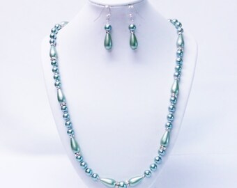 24 Inch Sage Green Teardrop/Round Glass Pearl Necklace/Earrings