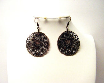 Large Round Copper Filigree Dangle Earrings