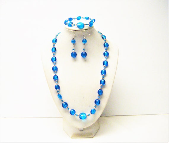 Rosary Beads Necklace Light Blue Glass Beads Deep Aqua Blue Disc Glass Bead  Necklace/bracelet/earrings Set