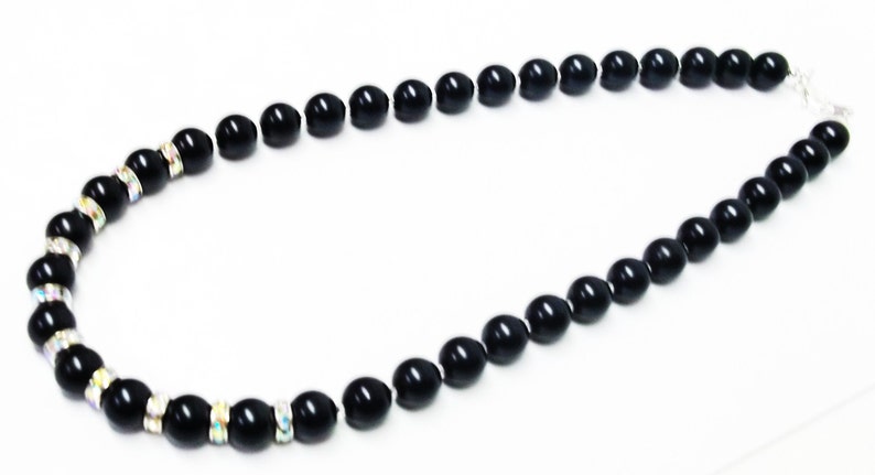 Black Glass Pearl w/Rondelle Crystal Rhinestones Bead Necklace/Earrings Set image 3