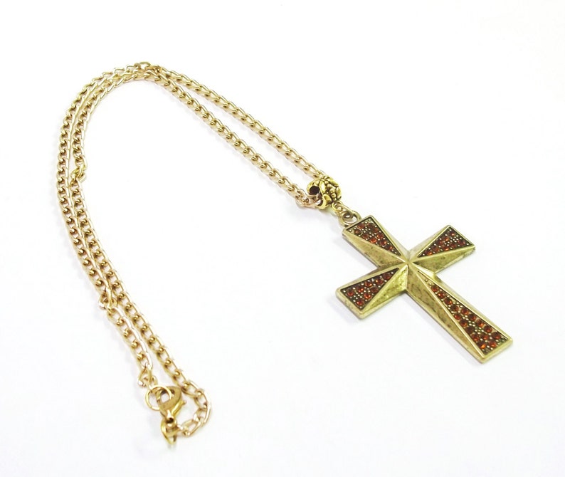 Gold Plated Cross W/red Rhinestone Pendant Necklace Etsy