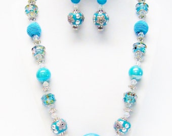 Chunky Cloisonné & Mixed Bead Strand Necklace/Earrings Set