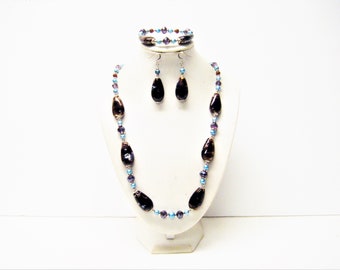 Brown Splatter Teardrop Ceramic w/Light Blue Etched Glass Bead Necklace/Bracelet/Earrings