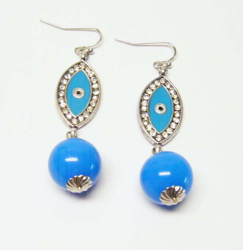 Blue Evil Eye wRhinestone /& Round Blue Acrylic Bead NecklaceEarrings