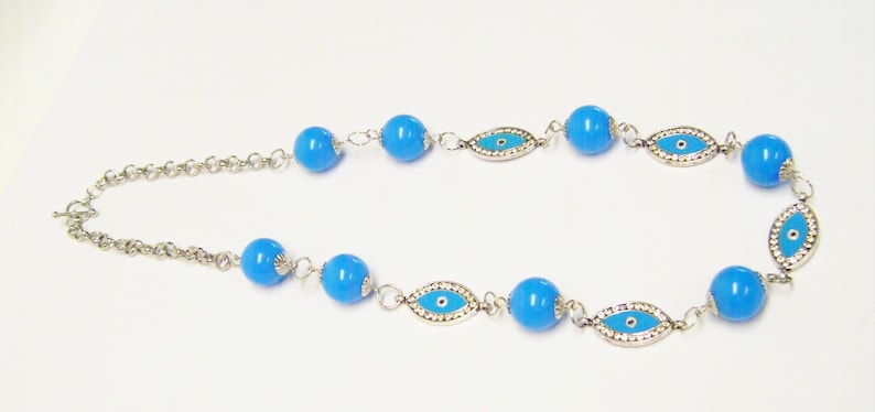 Blue Evil Eye wRhinestone /& Round Blue Acrylic Bead NecklaceEarrings