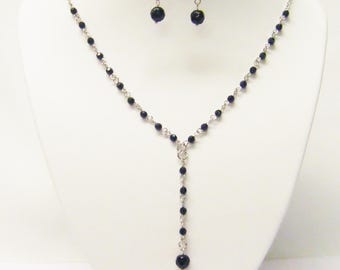 Black Faceted Glass Bead on Silver Plated Chain Necklace & Earrings Set