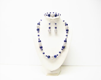 Royal Blue Glass Pearl w/Silver Ball Bead Necklace/Bracelet/Earrings Set