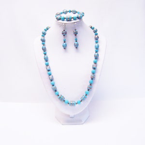 Turquoise w/Gold Swirl Glitter Glass Bead Necklace/Bracelet/Earrings Set