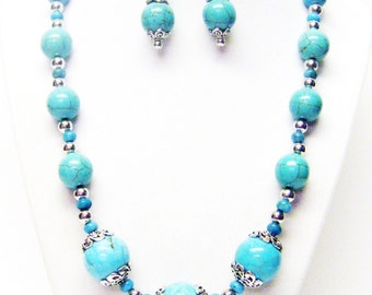 Chunky Round Dyed Howlite Turquoise Bead Necklace. & Earrings Set