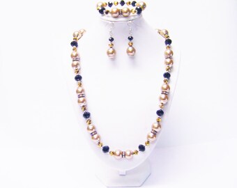 Gold Glass Pearl w/Faceted Black Glass/Rhinestone Bead Necklace/Bracelet/Earrings