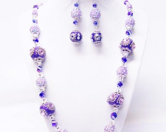 Chunky Purple Cloisonné w/Sapphire Crystal Glass Bead Necklace/Bracelet/Earrings