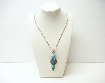 Aqua/Bronze Ball Bead w/Aqua Big Hold Bead on Silver Bead Pin Pendant Necklace