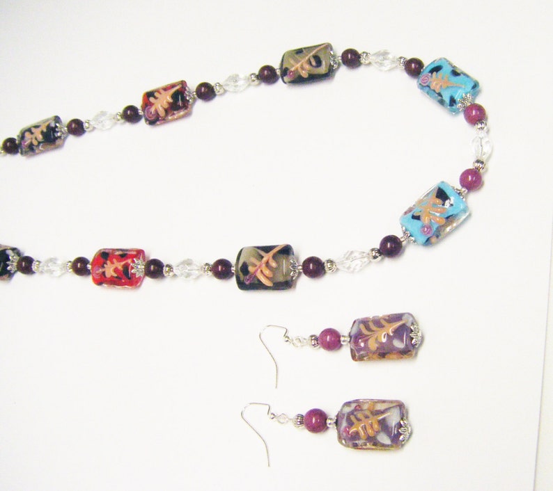 Fancy Multicolor Rectangle Lamp Work Glass Beaded Necklace Earrings