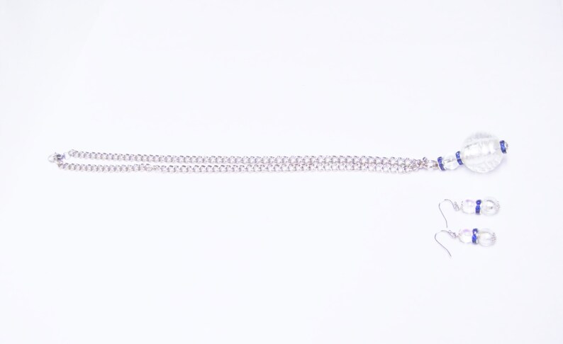 22mm Ronde Folie Wit Glas Kraal w/ Blue Crystal Rhinestone ketting / Oorbellen Set afbeelding 7