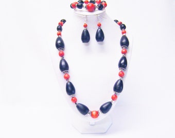 Puffy Black Teardrop w/Round Red Wood Bead Strand Necklace/Bracelet/Earrings Set