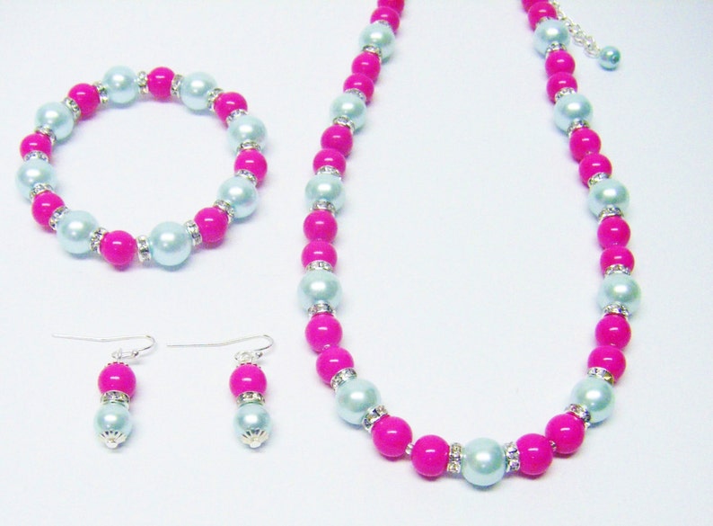 Pink Opaque /& Aqua Glass wRondelle Rhinestone Bead NecklaceBracelet Earrings Set