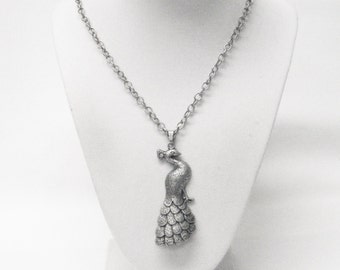 Antique Silver Plated Peacock Pendant Necklace