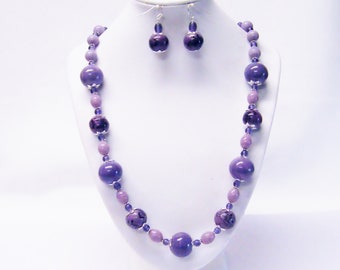 Smooth Round Chunky Purple Ceramic Bead Necklace/Earrings