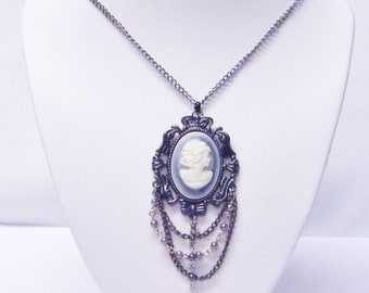 Lady Cameo Cabochon on Gum Metal Dangle Pendant Necklace