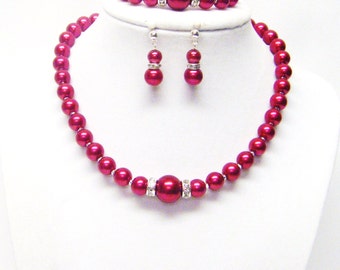 14.5” Red Glass Pearl Necklace/Bracelet/Earrings Set for Little Girl