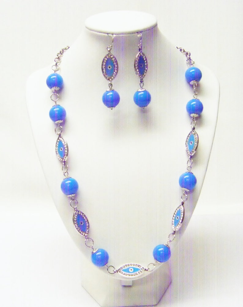 Blue Evil Eye wRhinestone /& Round Blue Acrylic Bead NecklaceEarrings
