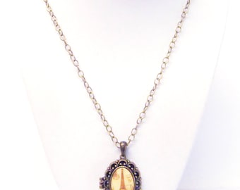 Antique Bronze Filigree Oval Locket w/Eiffel Tower Image Pendant Necklace