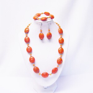 Oval Orange Splatter Acrylic w/Orange Marble Glass Bead Necklace/Bracelet/Earrings Set