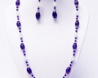Black Oval Cats Eye Glass w/White Quartzite Stone Bead Necklace/Bracelet/Earrings