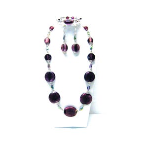 Chunky Purple Disc Foil Lined w/Purple Faceted AB Teardrop Glass Beaded Necklace/Bracelet/Earrings