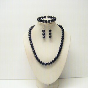 10mm Crystazzi Black Glass Pearl Necklace/Bracelet/Earrings Set