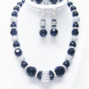 Silver Shamballa Disco Ball w/Crystal & Jet Beads Necklace/Bracelet/Earrings Set