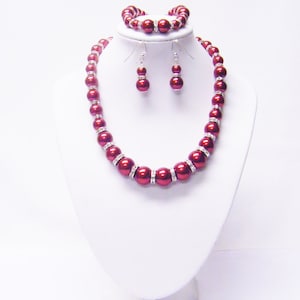 Dark Red Graduated Glass Pearl Choker Necklace/Bracelet/Earrings w/Rondelle Rhinestone