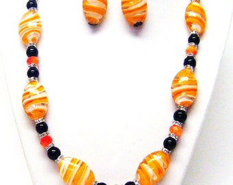 Orange & White Swirl Oval Lamp Work Glass Bead Necklace and Earrings Set