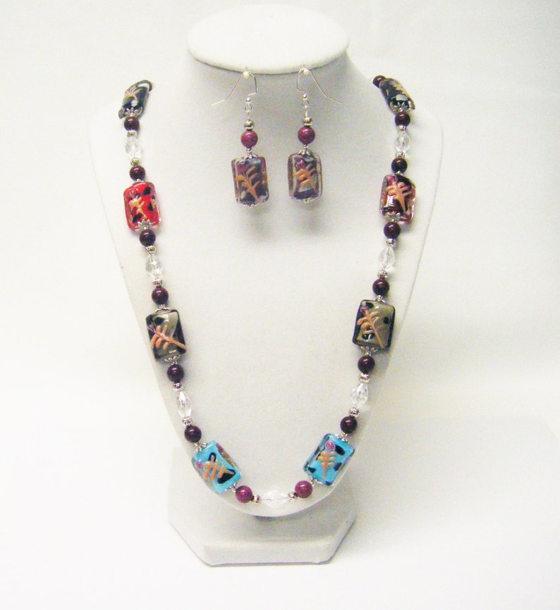 Fancy Multicolor Rectangle Lamp Work Glass Beaded Necklace Earrings