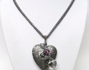 Large Floral Antique Silver Plated  Vintage Heart Locket Pendant Necklace