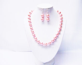 Bright Pink on Pink Glass Pearl Necklace/Earrings