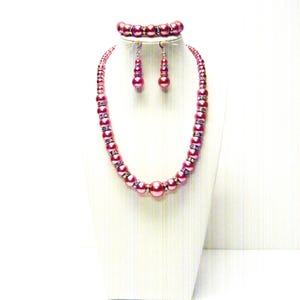 Dark Rose Glass Pearl w/AB Crystal Rhinestone Bead Chocker Necklace/Bracelet/Earrings