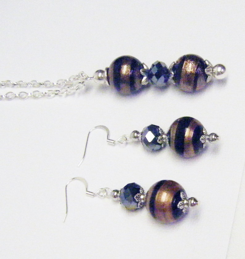 Round Brown wBlack Swirl Glass Bead Pendant Necklace Earrings Set