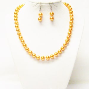 Burnt Orange Glass Pearl Choker Necklace/Bracelet/Earrings Set