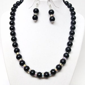 Black Glass Pearl w/Rondelle Crystal Rhinestones Bead Necklace/Earrings Set image 1